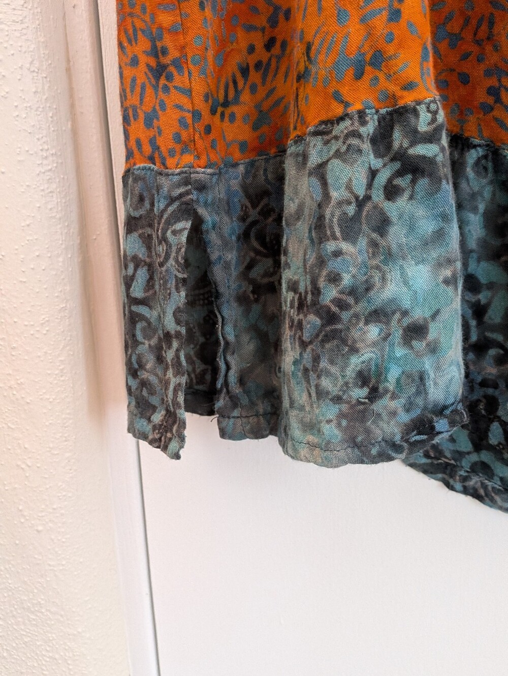 Boho Orange Teal Floral Maxi Dress Caftan Soft Surroundings 100% Rayon Batik PS - Picture 5 of 10